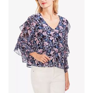 Vince Camuto Ruffled Blouse Women's Size Medium Button Down Hi Low Floral